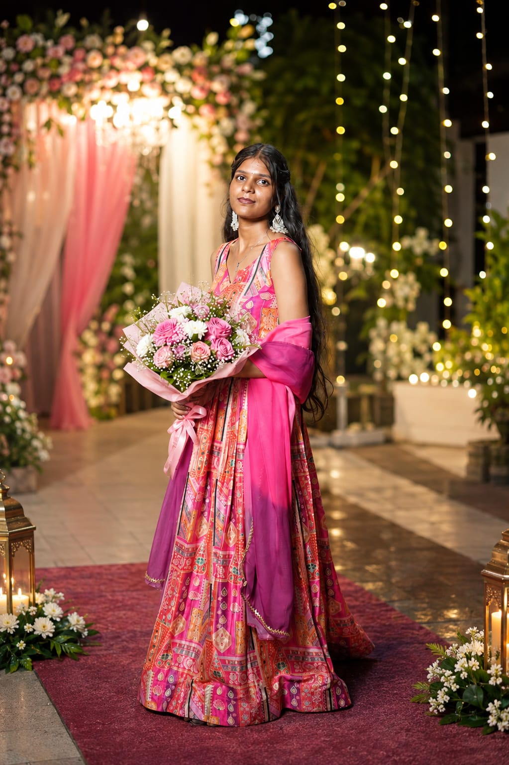 Saumya in a pink printed gown holding a bouquet of pink roses under fairy lights