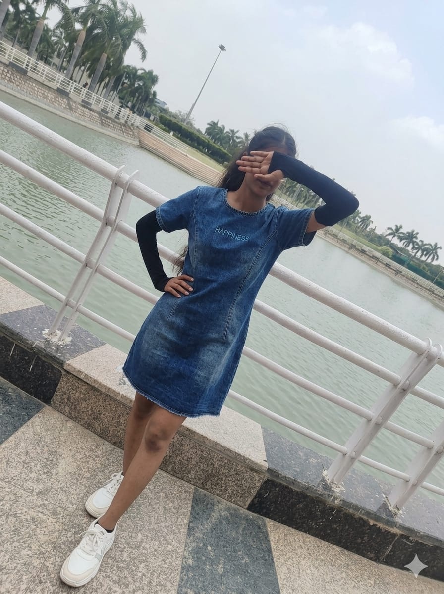 Saumya in a denim dress by the lake, playfully hiding from the camera